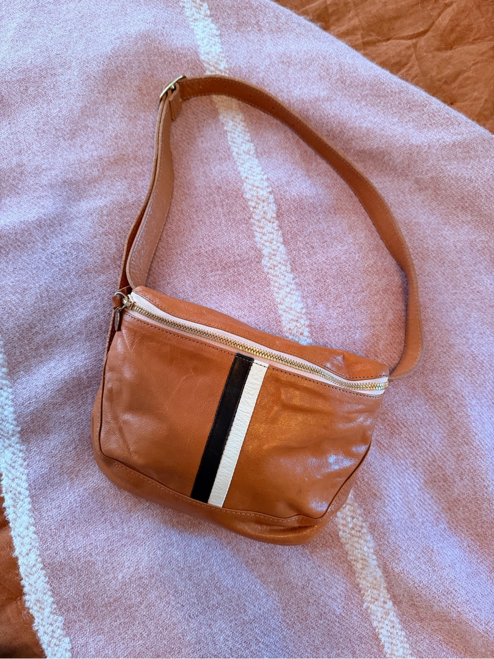 Clare V. Cognac Leather Striped Belt Bag
